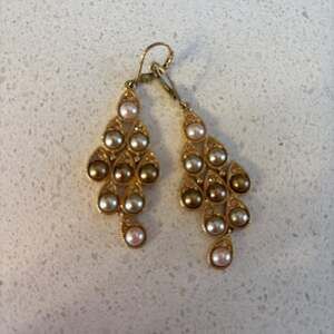 Monet Gold Tone Faux Pearl and Crystal Cluster Dangle Drop Post Earrings